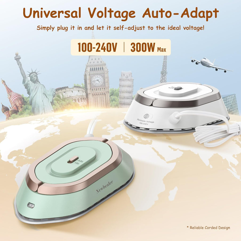 Newbealer Travel Iron - Mini Dry Iron with Global Voltage, Non-Stick Ceramic Soleplate, 300W, Silver