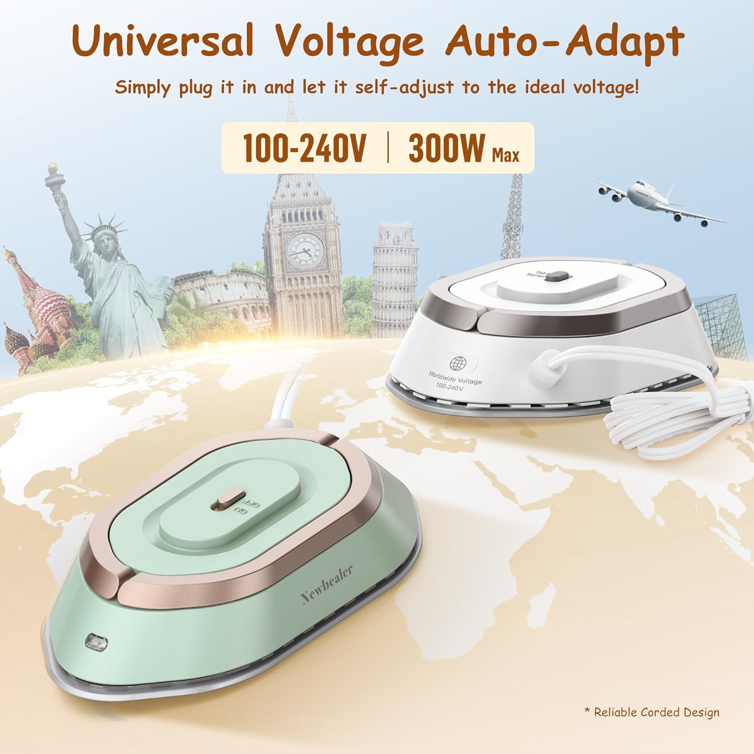 Newbealer Travel Iron - Mini Dry Iron with Global Voltage, Non-Stick Ceramic Soleplate, 300W, Silver