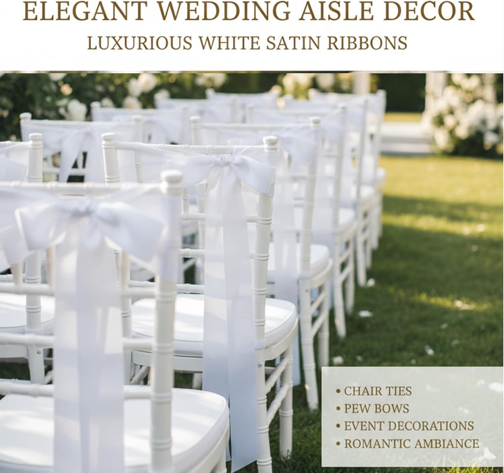 Skiennix 30 Pcs Satin Chair Ribbons - 90.55x1.96 Inch White Sashes for Wedding Aisle Decor