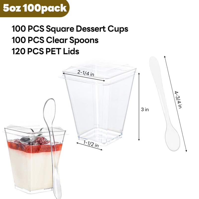 NZVCN 100 Pack 5oz Mini Dessert Cups with Soopns and Lids, Clear Square Dessert Bowls Small Plastic Parfait Cup Appetizer Cups for Wedding Party