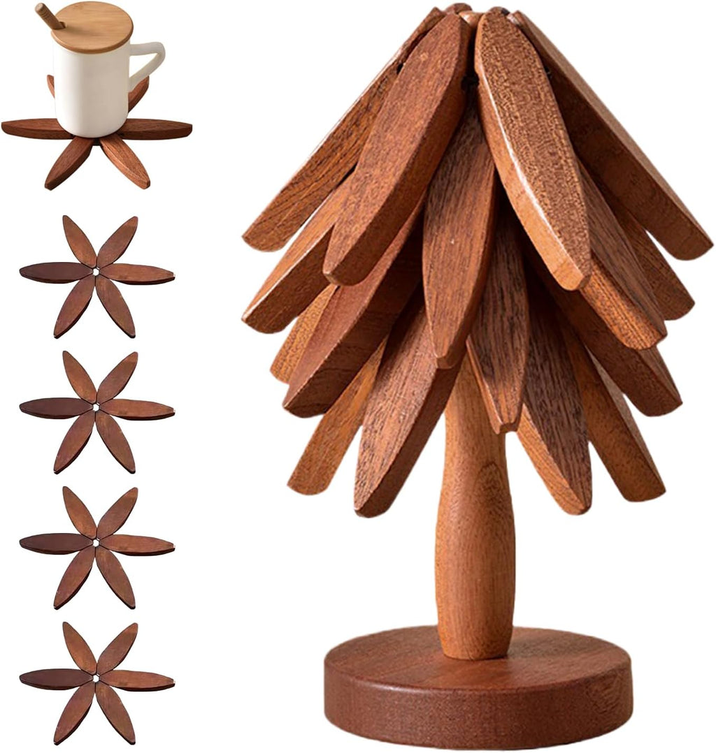 Skiennix Wooden Trivets - Tree Shape Set with 4 Walnut Wood Pieces & Stand | Foldable Hot Dish Holder