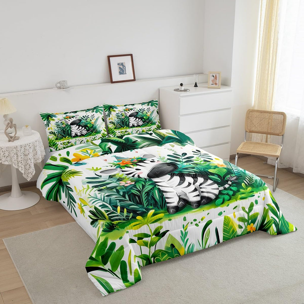 Feelyou Zebra Bedding Set Twin Size Zoo Animals Comforter Set for Kids Cartoon Animal Comforter Women Men Teens Ultra Soft Decor Cute Animals Botanical Tree Wildlife Duvet Set