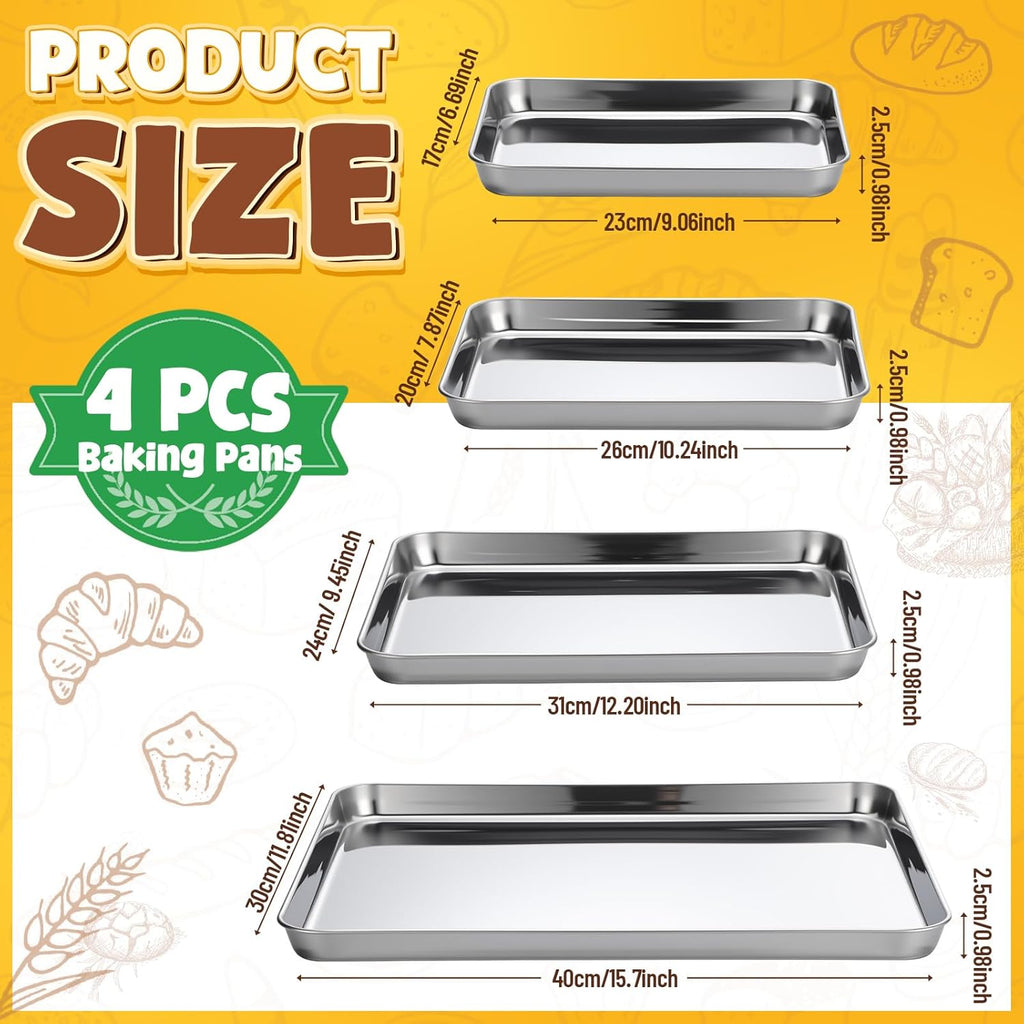 Skiennix Stainless Steel Baking Pans Set - 4 Pack Commercial Grade Cookie Sheets | Heavy Duty Non-Stick, 9/10/12/16 Inch