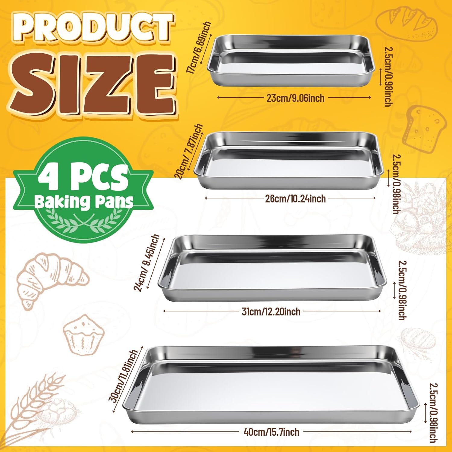 Skiennix Stainless Steel Baking Pans Set - 4 Pack Commercial Grade Cookie Sheets | Heavy Duty Non-Stick, 9/10/12/16 Inch