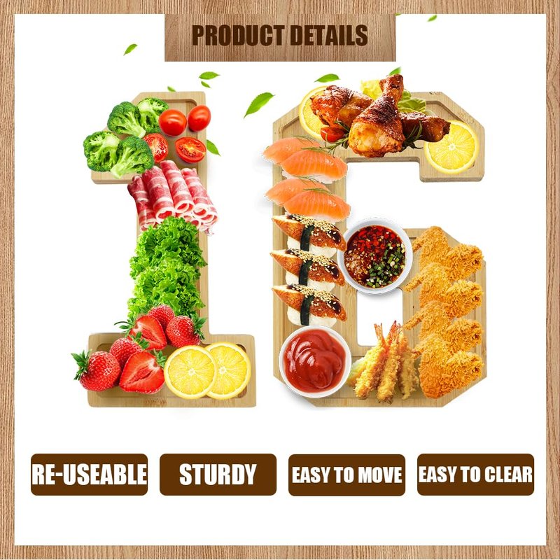 Valguri Wooden Charcuterie Number Fillable Board Box, Fruit Cheese Platter Vegetable Food Dish, Reuseable Serving Tray for Home Decor, Birthday Party Decorations (16)