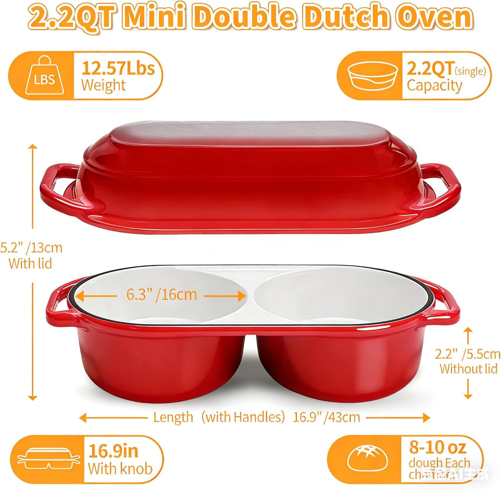 Skiennix Mini Double Dutch Oven - Enameled Cast Iron 2.2QT Pot for Sourdough Baking | Oven Safe to 500°F