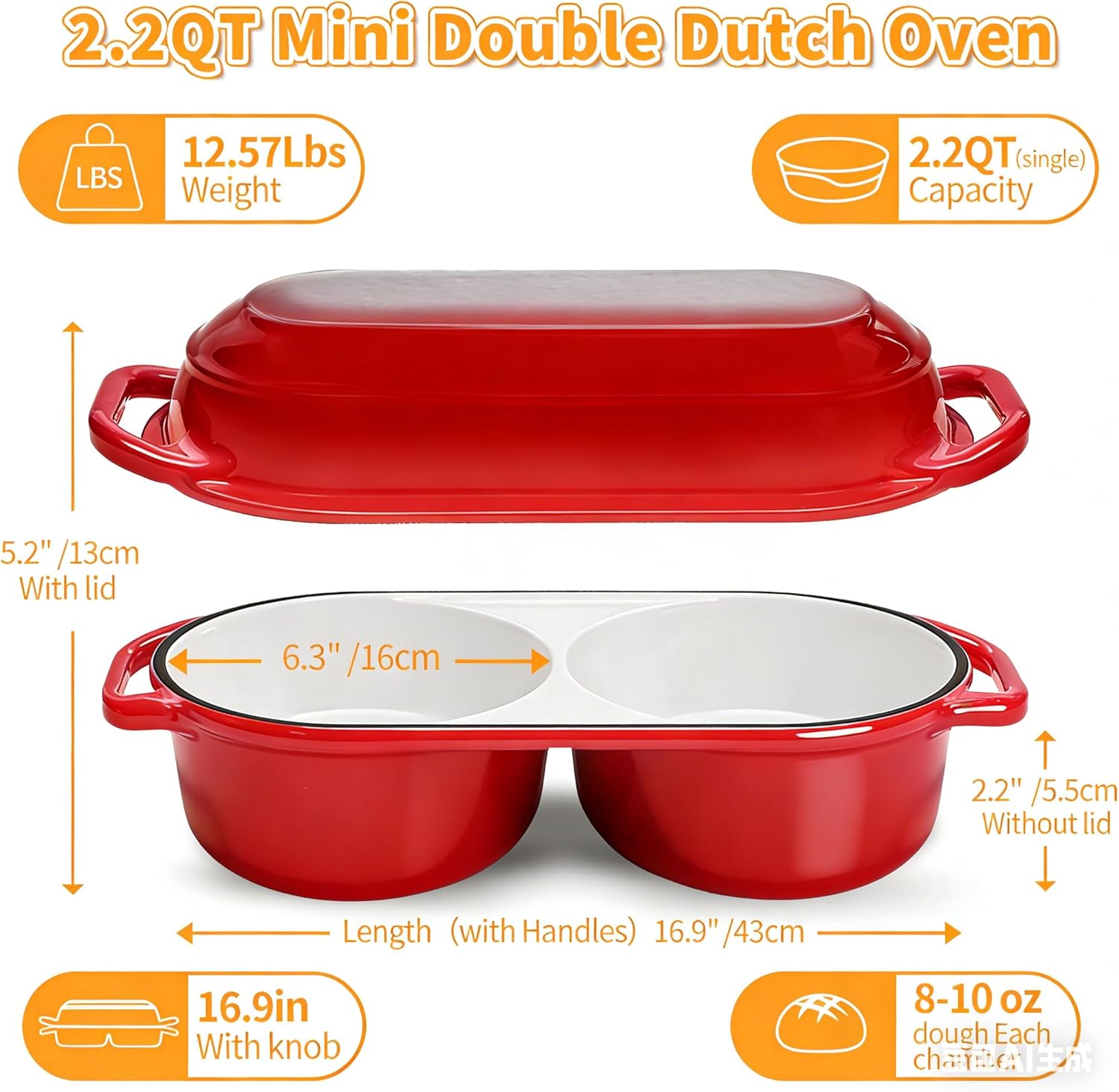 Skiennix Mini Double Dutch Oven - Enameled Cast Iron 2.2QT Pot for Sourdough Baking | Oven Safe to 500°F