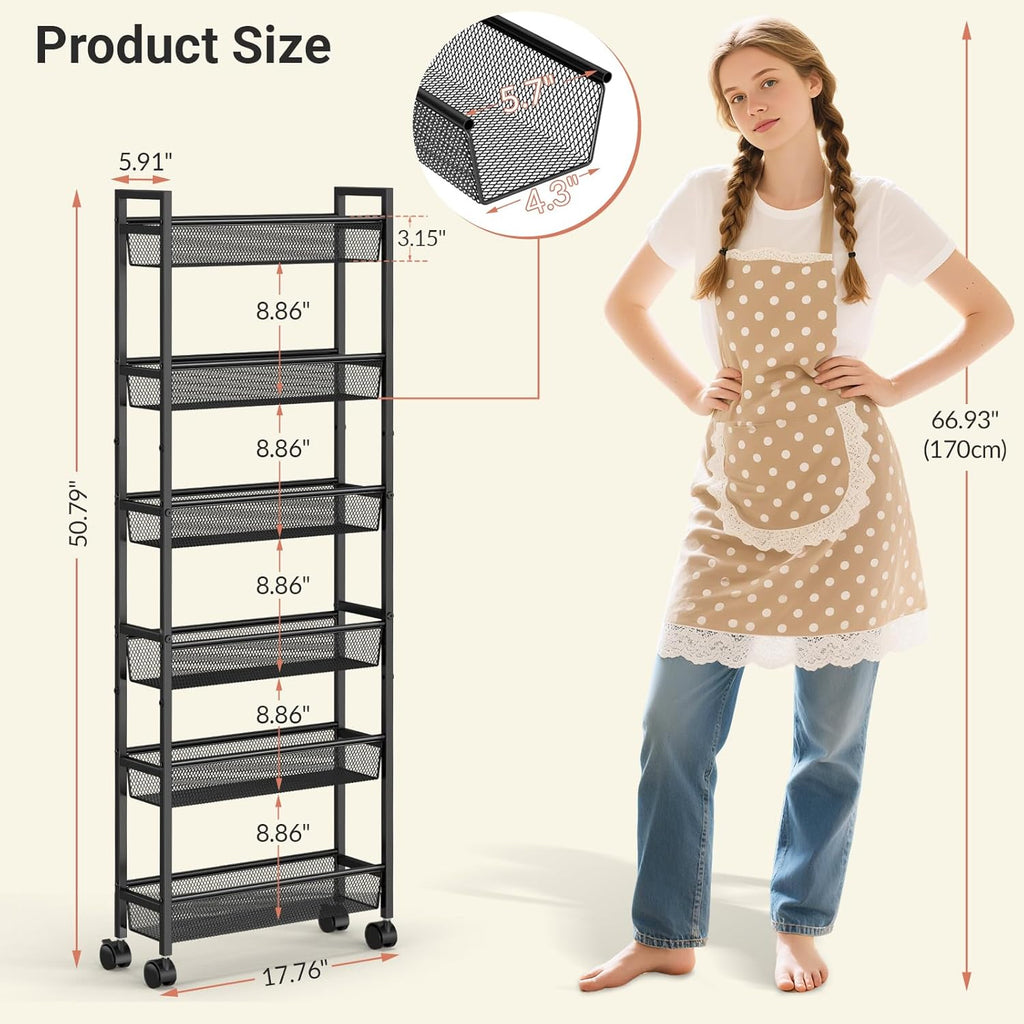 ThreeHio 6-Tier Slim Storage Cart - Mobile Metal Shelving Unit with Wheels for Kitchen & Narrow Spaces | Black, 6in Width