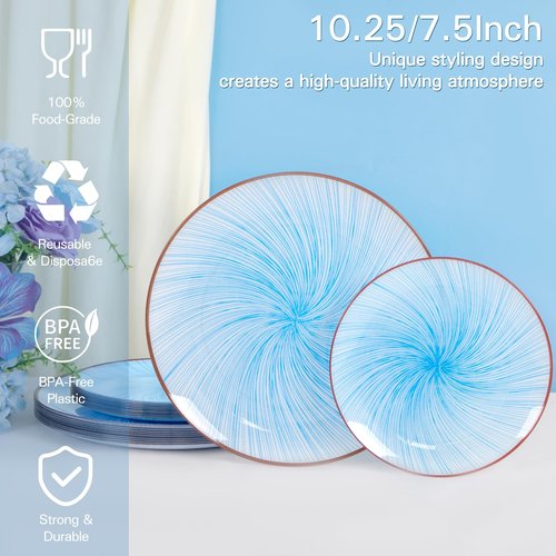 LIYH 60 Pcs Blue Plastic Combo Plates Set - Heavy Duty Scalloped Disposable Dinner and Dessert Plates for Party - 10.25" Dinner & 7.5" Dessert Plate for 30 Guests