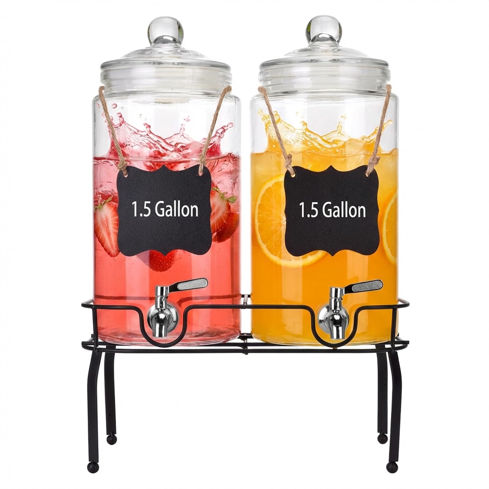 1.5 Gallon Glass Drink Dispenser Set of 2, Drink Dispensers for Parties, Beverage Dispenser with Stand and Glass Lid, 100% Leakproof Spigot, Ideal for Lemonade, Juice, Laundry Detergent