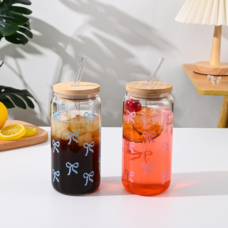 Koythin Glass Cups with Lids and Straws, Adorable Iced Coffee Tumbler for Tea Milk Smoothie Latte Juice, Bow Tie Glasses Drinking Set for Mom Girl Women, 17 oz/480 ml (Blue)
