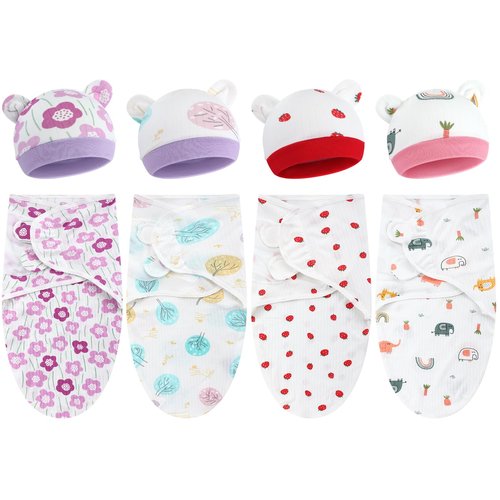 Buryeah 4 Pack Preemie Swaddle Blanket Wrap Set with Hat for Baby Boys Girls 3-7 Lbs Preemie Newborn Clothes Sleepers Cap(Purple,Flower)