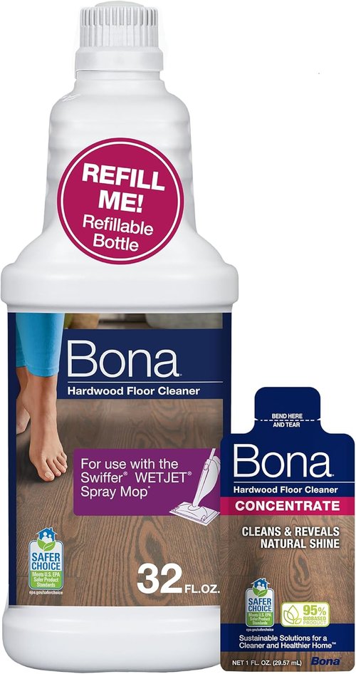 Bona Hardwood Floor Cleaner - 64 Fl Oz Bottle with Concentrate Refill for Swiffer WETJET