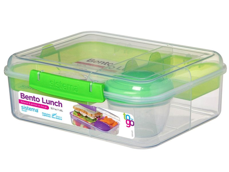 Sistema Bento Box Adult Lunch Box with 2 Compartments, Sandwhich Container, and Salad Dressing Container, Dishwasher Safe, Color May Vary