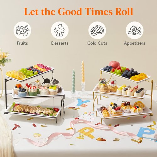 Lifewit 3 Tier Serving Tray, 36 x 17 cm/14 x 6.5 White Plastic Tiered Food Serving Platters, Rotating Tiered Tray Stand for Party with Black Collapsible Metal Stand, Dessert Table Stands for Cookies