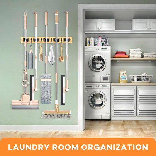 IMILLET Broom Holder Wall Mount - Bamboo Mop Organizer with 5 Racks & 4 Hooks | Ideal for Home Storage