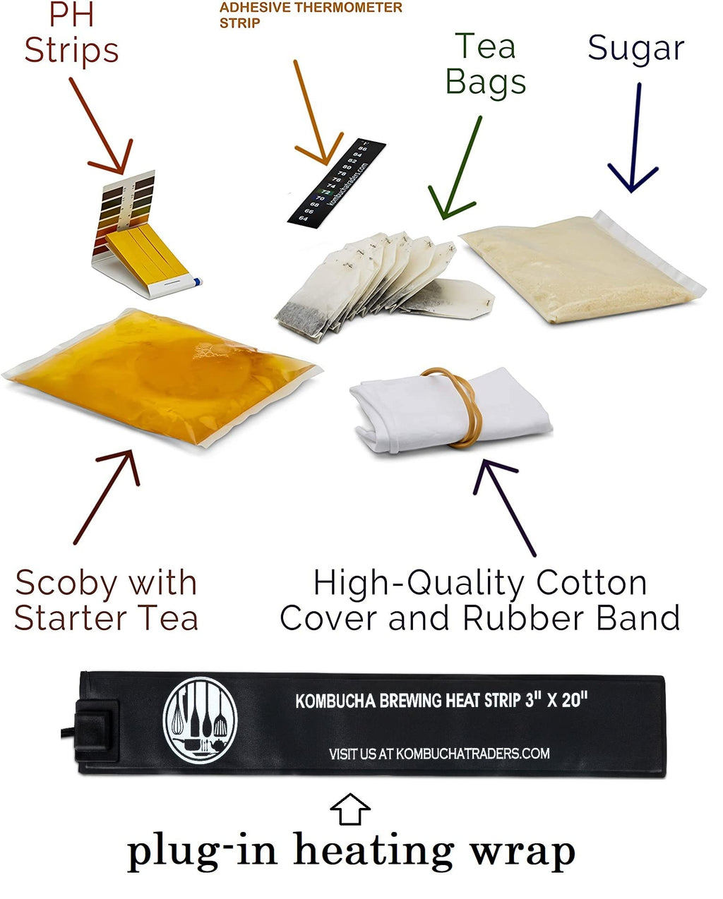 Kombucha Starter Kit (Deluxe with Heating Mat) SCOBY, Jar, PH Test Strips, Fermenting Ingredients and more