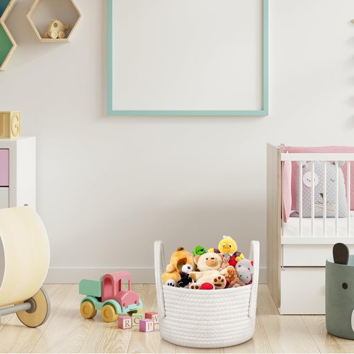 FillTouch 3 Pack Small Woven Baskets with Handles Cute Basket Gift Cotton Rope Baby Woven Nursery Shelf Storage Organizer Bin with Handles White Soft Organizer for Empty Room 9.5'' x 9.5'' x 5.5''