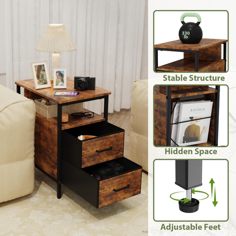 JCMCDO End Table with Charging Station, Narrow Side Table with 2 Fabric Drawer & Storage Shelf, USB Ports & Power Outlets, Narrow Nightstand for Bedroom Living Room and Small Spaces, Rustic Brown