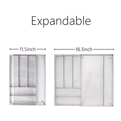 JANE EYRE Utensil Drawer Organizer - Expandable Cutlery Tray, Silverware/Flatware Storage Divider for Kitchen, Mesh Designing with Non-slip Rubber Feet (Silver)