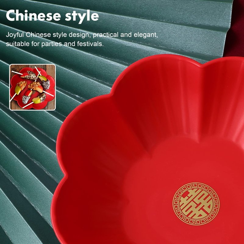 Red Serving Tray Set: 3PCS Decorative Round Wedding Snack Trays and Petal Snack Bowls - Flower Shape Candy Plate Happiness Chinese Wedding Decor for Tea, Fruit, and Coffee Table