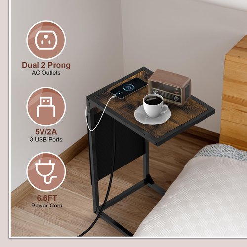 CADUKE C Shaped End Table with Charging Station, TV Tray Set of 2, Couch Side Tables with Storage Bag, Sofa Tables That Slide Under with 3 USB Ports and Outlets for Living Room, Brown