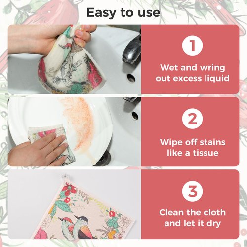 wlich 10PCS Swedish Dishcloths for Kitchen, Reusable Dish Rags for Washing Dishes with Clips, Non-Scratch Kitchen Towels and Dishcloths Sets, Washable Swedish Dish Cloths, No Odor(Birds Flowers)