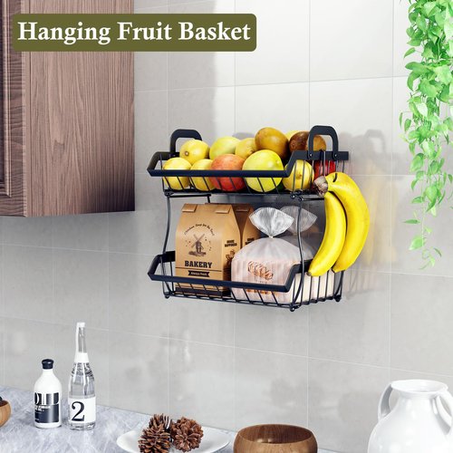 OKZEST 2-Tier Fruit Basket for Kitchen Counter with 2 Banana Hangers, Hanging Fruit Storage Basket Stand, Metal Fruit Organizer Bowl with Handles for Storage Potato Onion Bread Snack Vegetable