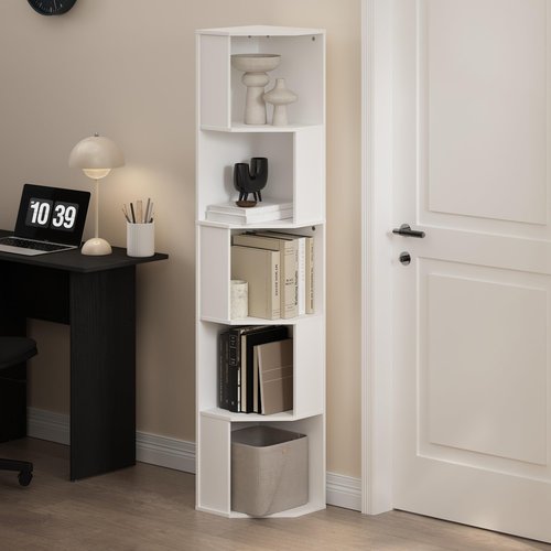 Furinno ECON Corner Shelf, 5-Tier Corner Book Shelf, Storage Shelves, Display Rack, Bookshelf, for Organization and Storage, Living Room, Home Office, White