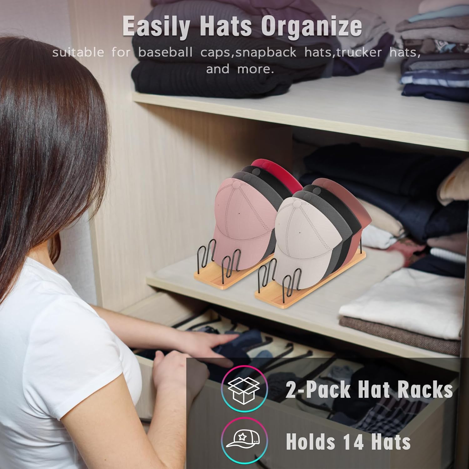 UdoUto Hat Organizer for Baseball Caps - 2 Pack | Space-Saving Wood & Metal Rack Holds 14 Caps