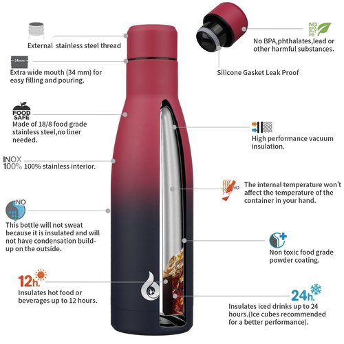 BJPKPK Insulated Water Bottle 17oz Stainless Steel Water Bottles Diashwasher Safe Reusable Metal Thermal Keep Cold and Hot,Charming Black Red