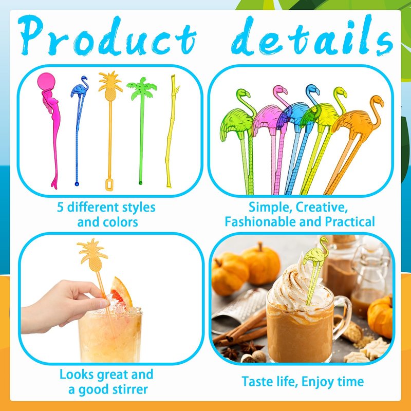 Willinglong 100 Assorted Tropical Swizzle Sticks Bar Cocktail Stirrers Luau Palm Tree Flamingo Fun Reusable Novelty Beverage Cocktail Margarita Tiki Drink Stirring Sticks for Birthday Wedding Party