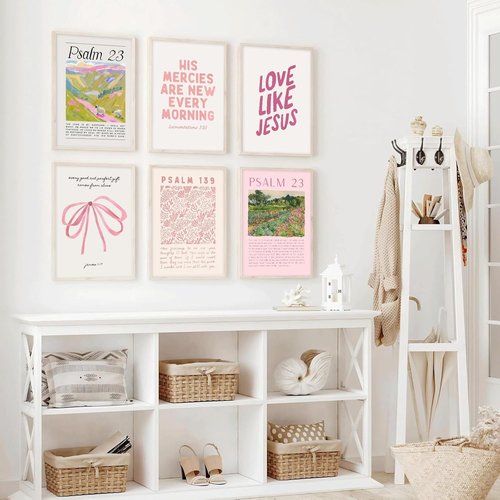 Christian Canvas Wall Art by Pink - Set of 6 Bible Verse Prints | Trendy Scripture Decor for Girls' Rooms