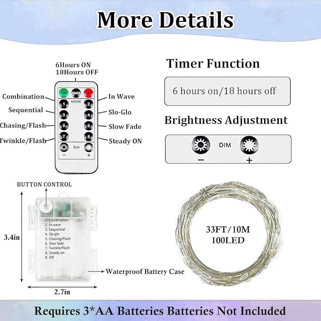 Skiennix 33FT 100 LED Battery Operated Fairy Lights - Waterproof Remote Control & Timer | Cool White