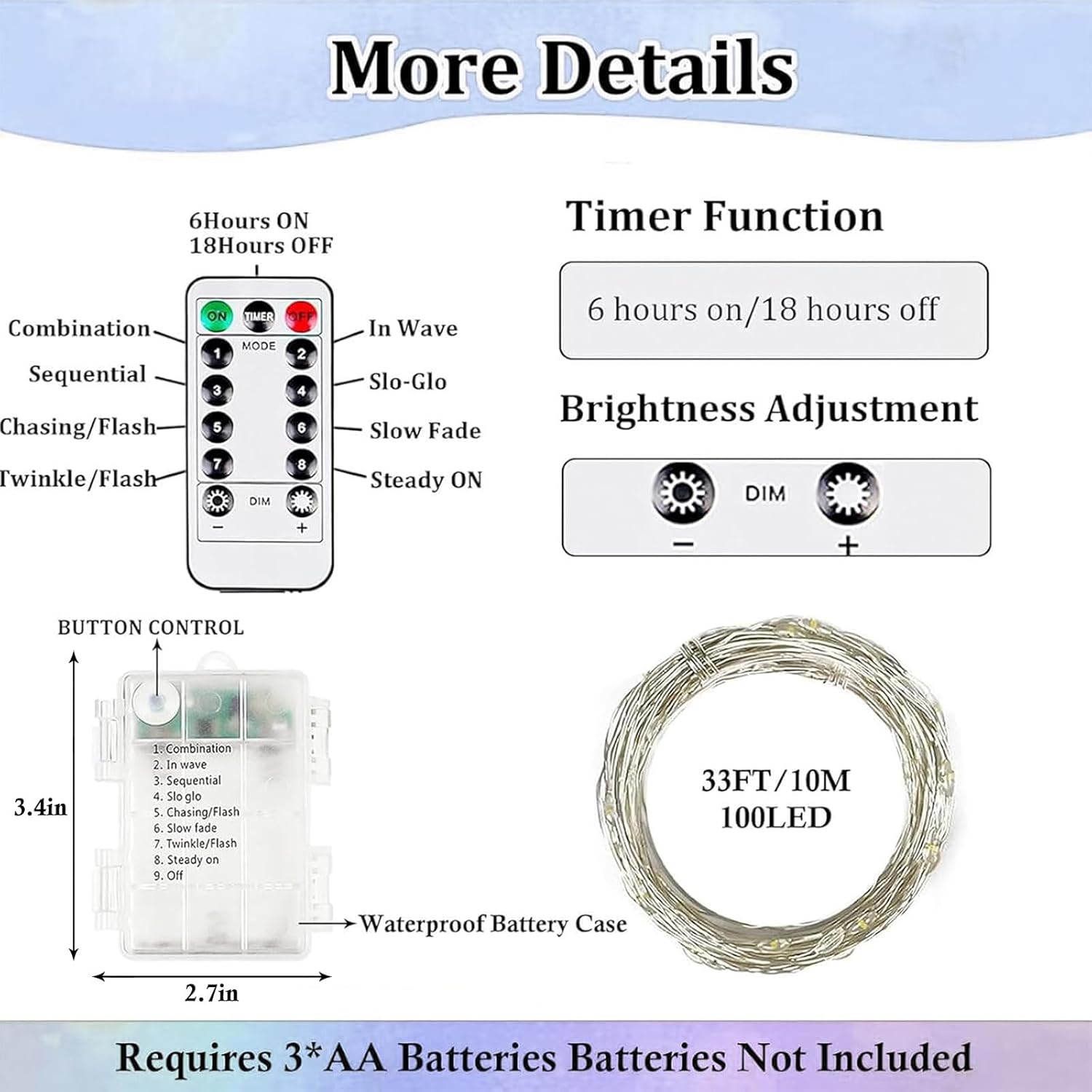 Skiennix 33FT 100 LED Battery Operated Fairy Lights - Waterproof Remote Control & Timer | Cool White
