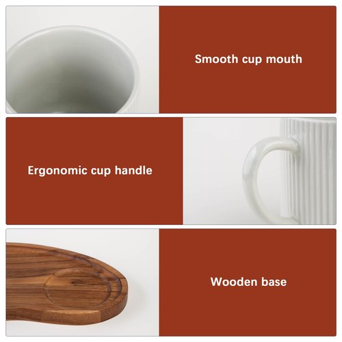 JiabaoPC Ceramic Coffee Mug and Wooden Serving Tray Set, White Ribbed Cup with Handle 14.2oz, Modern Design with Wood Platter
