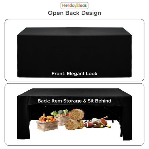 HolidayIdeas Black Open Back Fitted Rectangle Tableclothss for 8 Ft Table, 3-Sided Table Covers 96x30 Inch for Craft Fairs, Banquets, Trade Show Display, Black,6 Pcs