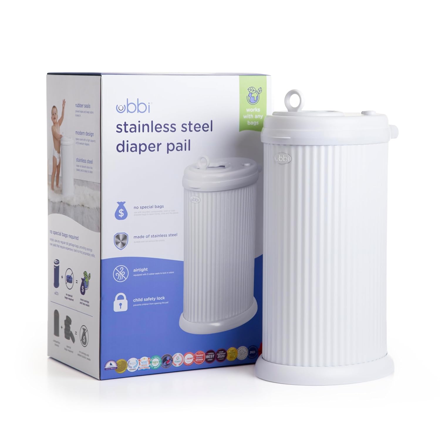 Ubbi Fluted Stainless Steel Diaper Pail - Odor Locking Design, No Special Bags Needed | White