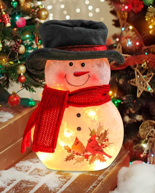 Bdor 11-Inch Glass Snowman Decoration - Light-Up Holiday Ornament with Cardinals & Red Scarf | Indoor Winter Décor