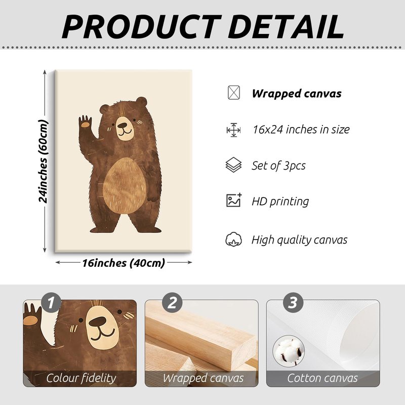 Nursery Wall Art Baby Canvas Pictures Bear Wall Decor Boys Room Prints Kids Poster Cute Animal Theme Pictures Woodland Bear Painting Neutral Children Artwork for Bedroom 16x24 Inch Ready to Hang