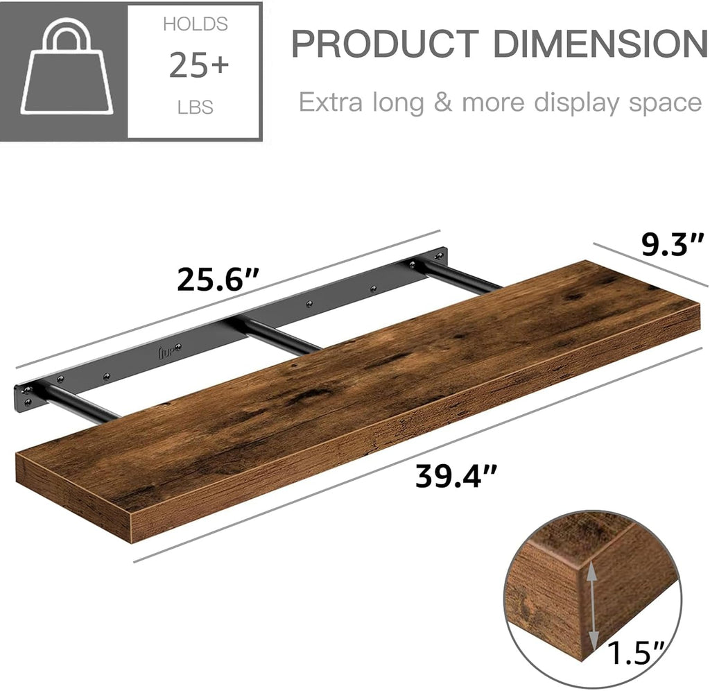 QEEIG Floating Shelves - Rustic Brown Wall Mounted Display Shelves | Set of 2, 39.4" x 9.3" for Home Decor