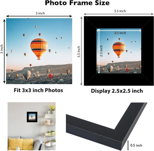 JCJMY 3x3 Black Picture Frame - Sturdy Tabletop Photo Frame with Shatter-Resistant Plexiglass