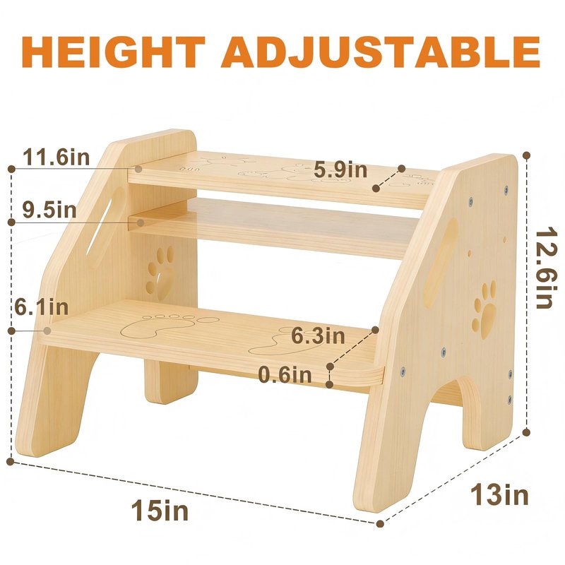 Toddler Step Stool Wooden 2 Step - Non-Slip Kids Stool for Bathroom Sink with Adjustable Height and Cute Pattern - 300lbs Support Stepping Stool for Bathroom Kitchen Children’s Room