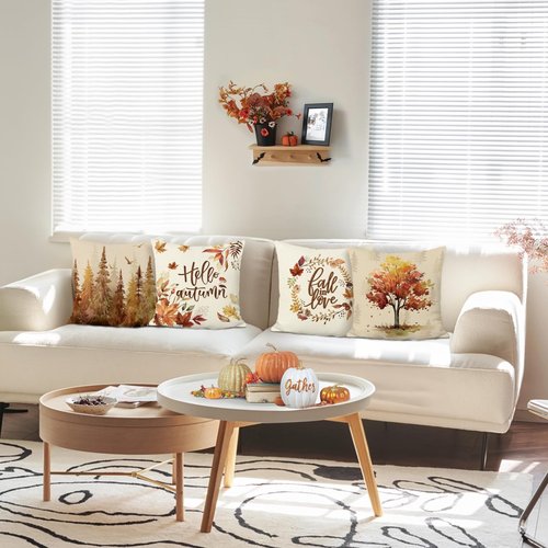 Bonhause Fall Tree Throw Pillow Covers 18 x 18 Inch Hello Autumn Leaves Forest Wreath Decorative Pillow Cases for Couch Sofa Bed Home Fall Decor Set of 4