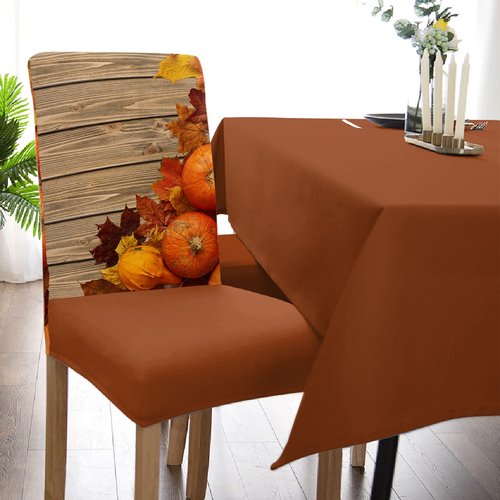 Savannan Thanksgiving Dining Chair Slipcover, Autumn Orange Pumpkin Maple Leaves Rustic Old Wooden Brown Stretch Covers Removable Parsons Protector for Kitchen Room Party, Set of 6