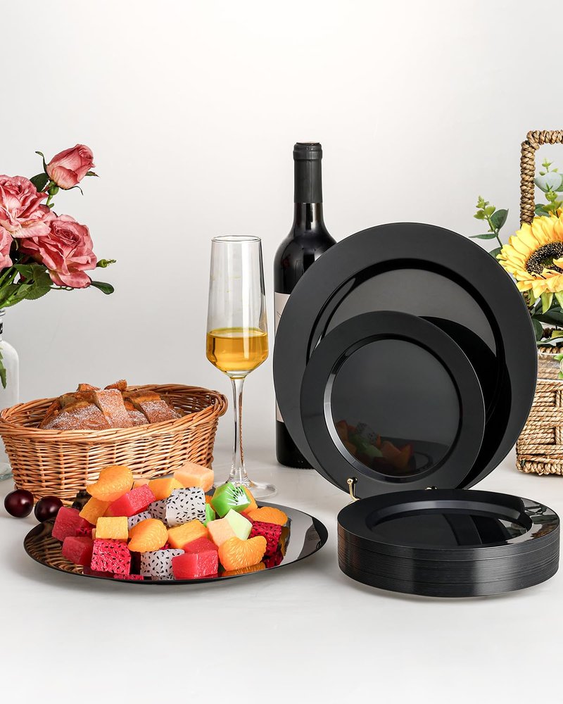 BESTVIP 200PCS Black Plastic Plates, Disposable Party Plates with 100 Dinner Plates and 100 Dessert Plates, Plastic Plates for Party, Wedding, Birthday (Black, 200PCS)