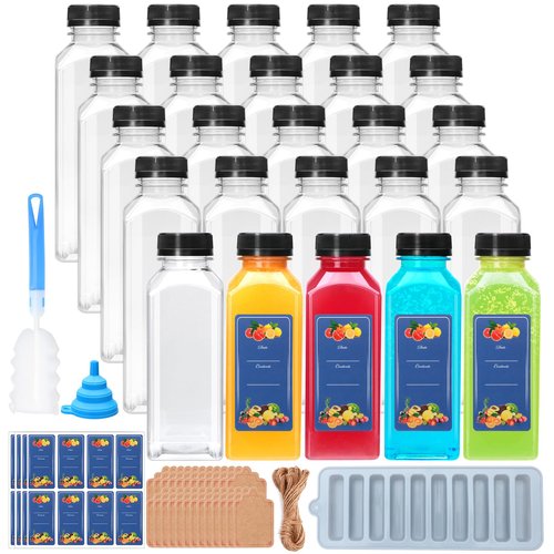 Flrolove 25pcs 12oz Juicing Bottles,Square Plastic Juice Bottles with Caps,Plastic Containers with Lids for Juicing, Drinking,Smoothies,Tea, Milk and Other Beverages