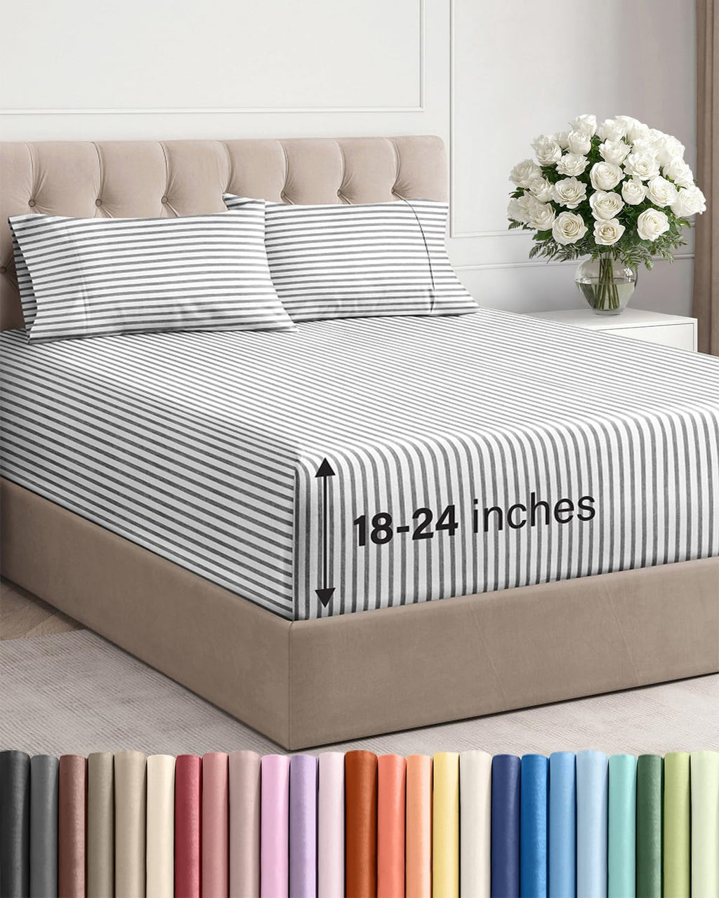 Skiennix Extra Deep Twin Sheet Set | 4-Piece Breathable Cooling Bedding - Soft, Wrinkle-Free Grey Stripes