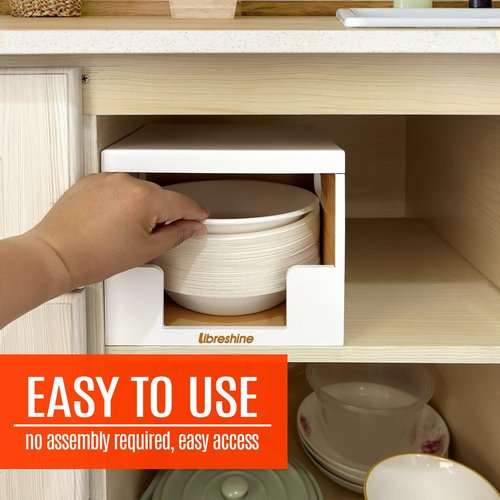Libreshine Paper Bowl Dispenser Holder – White Bamboo Disposable Bowl Organizer for 8–32 oz, Holds 90+ Bowls – Clean & Space-Saving Countertop or Cabinet Storage, Upgraded Lid
