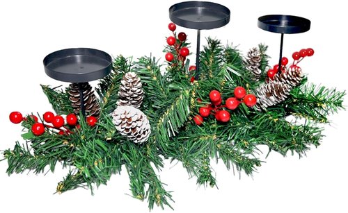 Christmas Table Centerpiece | 21.7” Candle Holders with Iron Trays & Red Berries | Holiday Home Decor